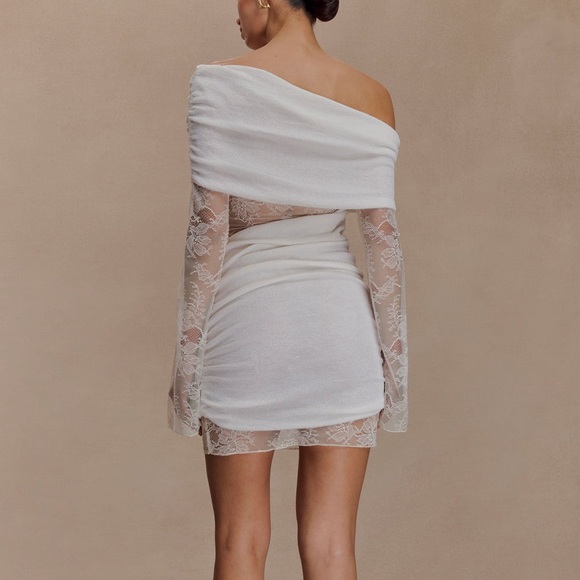 MESHKI - white lace off shoulder cutout side asymmetrical mini dress - Picture 2 of 3